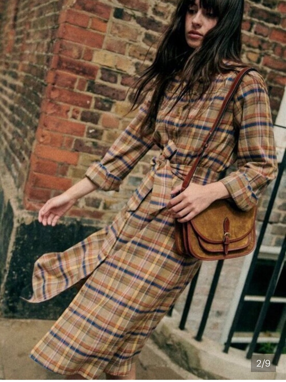 Sezane Alix Plaid Midi Shirt Dress in Tan and Blue 34 US 2 women
